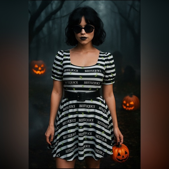 Unique Vintage x Beetlejuice Black & White Stripes & Bugs Halloween Dress, NWT! - Picture 5 of 16